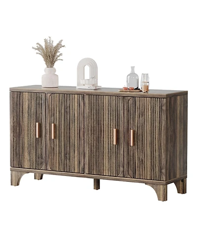 Sugift 55" Mid Century Modern Fluted Buffet Cabinet with Storage 4 Door Wood Sideboard Credenza for Kitchen Living Room