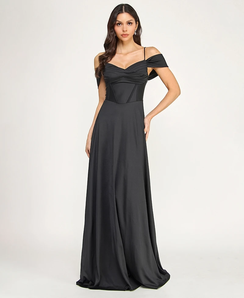 City Studios Juniors' Off-The-Shoulder Lace Up Back Gown