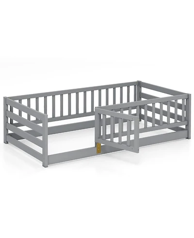 Slickblue Kids Twin Floor Bed with Safety Fence and Playhouse Door - 41