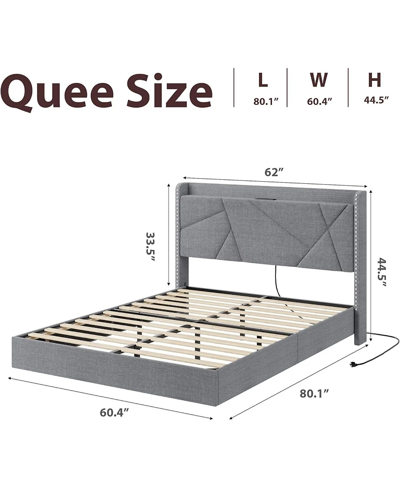 gaomon Queen Floating Platform Bed with Led Lights, Usb Charging, Upholstered Frame, Folding Shelves, Metal Slats, No Box Spring, Grey