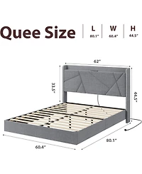 gaomon Queen Floating Platform Bed with Led Lights, Usb Charging, Upholstered Frame, Folding Shelves, Metal Slats, No Box Spring, Grey