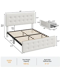 Draft - gaomon Queen Bed Frame with Headboard and 4 Storage Drawers, Square Stitched Button Tufted Platform
