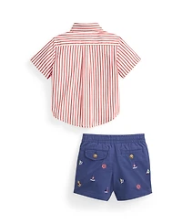 Polo Ralph Lauren Baby Boys' Striped Poplin Shirt and Embroidered Shorts, 2-Piece Set