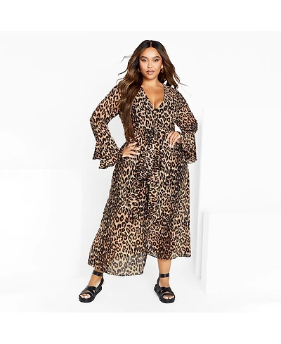 City Chic Women's Plus Plunge Frill Print Maxi Dress