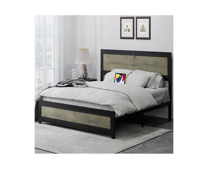 gaomon Queen Size Bed Frame, Industrial Wooden Platform Bed Frame with Rivet Headboard