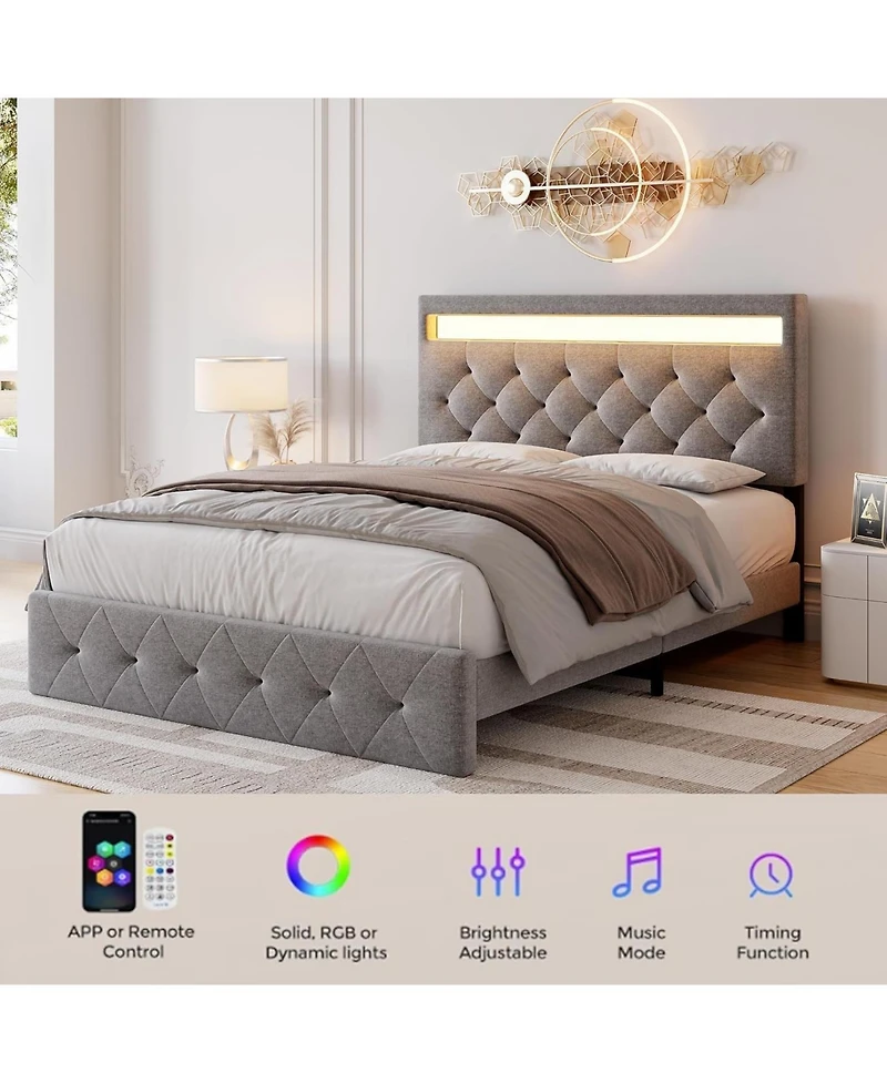 gaomon Full Bed Frame with Charging Station and Led Lights, Upholstered Adjustable Headboard, Wood Slats