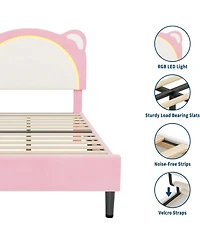 gaomon Twin Kids Bed Frame, Upholstered Platform with Adjustable Headboard and Led, Wooden Slats, No Box Spring, Pink