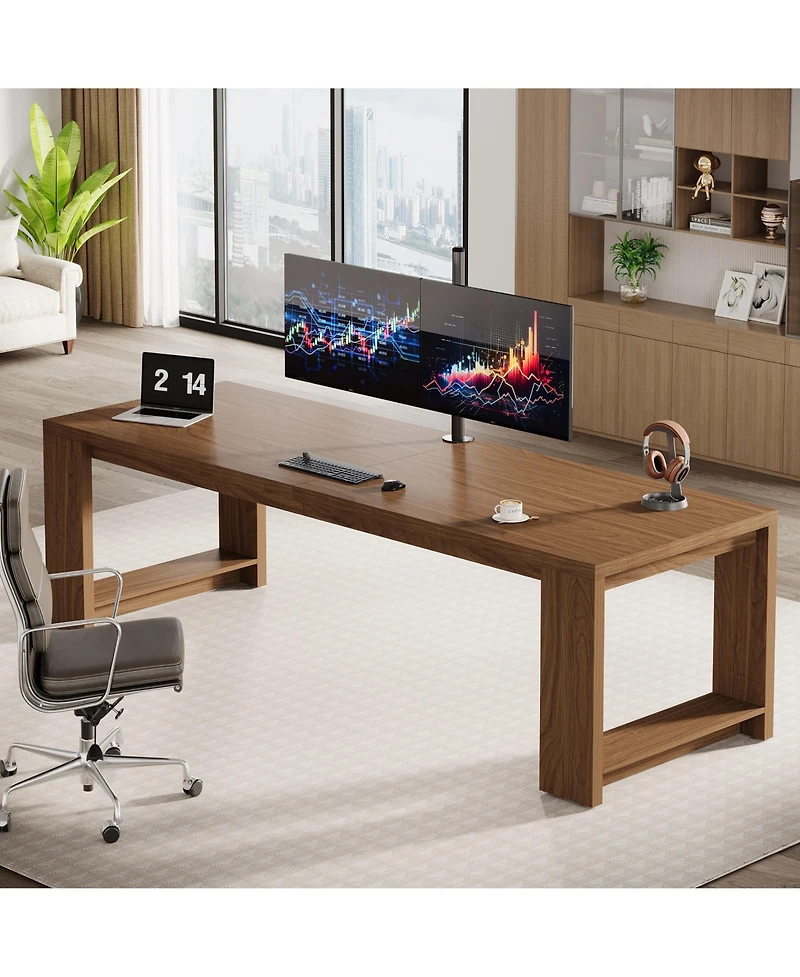Tribesigns 2 Person Desk, 86.6 Inches Extra Long Double Computer Writing Table, All Wood Large Desks Workstation for Home Office, Natural Oak