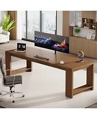 Tribesigns 2 Person Desk, 86.6 Inches Extra Long Double Computer Writing Table, All Wood Large Desks Workstation for Home Office, Natural Oak
