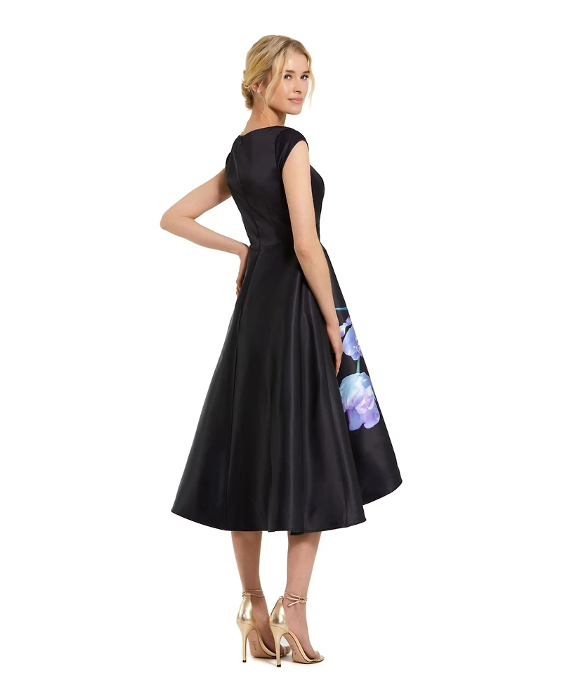 Mac Duggal Petite Satin Cap Sleeve Midi Dress With Floral Print