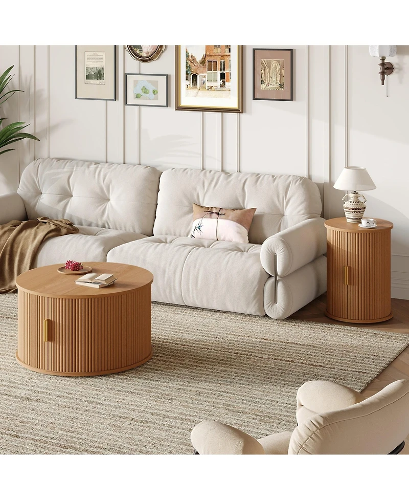 Coffee Table Set with Sliding Tambour Door and Round Fluted End for Living Room