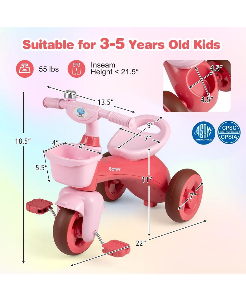 Toddler Tricycle with Limited Steering with Front Baskets and Bell-Pink