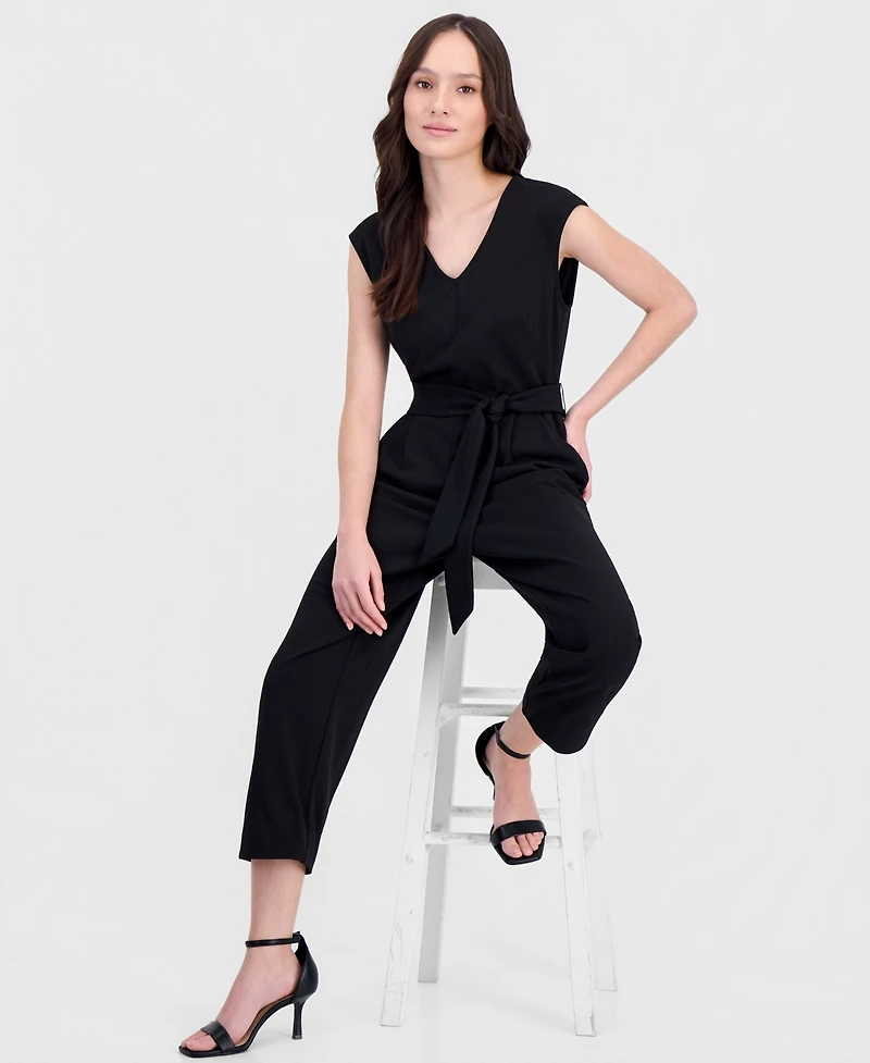 Anne Klein Essentials Petite Belted V-Neck Jumpsuit