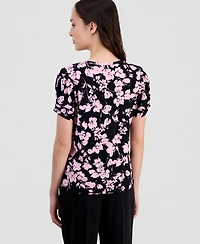 Anne Klein Essentials Petite Floral-Print Gathered-Sleeve Top