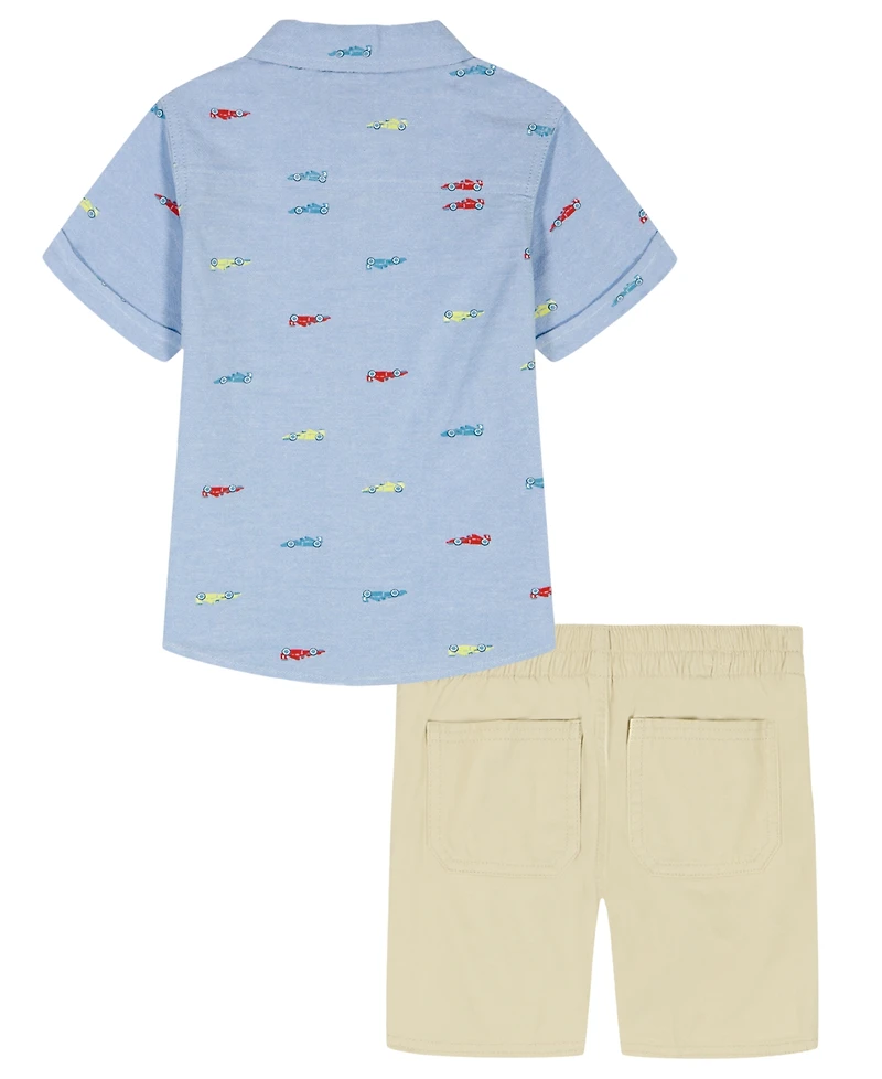 Kids Headquarters Boys' 2T-5 Short-Sleeve Racecar Print Oxford Shirt & Shorts, 2-Piece Set