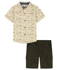 Kids Headquarters Boys' 2T-5 Short-Sleeve Dino Print Poplin Shirt & Cargo Shorts, 2-Peice Set