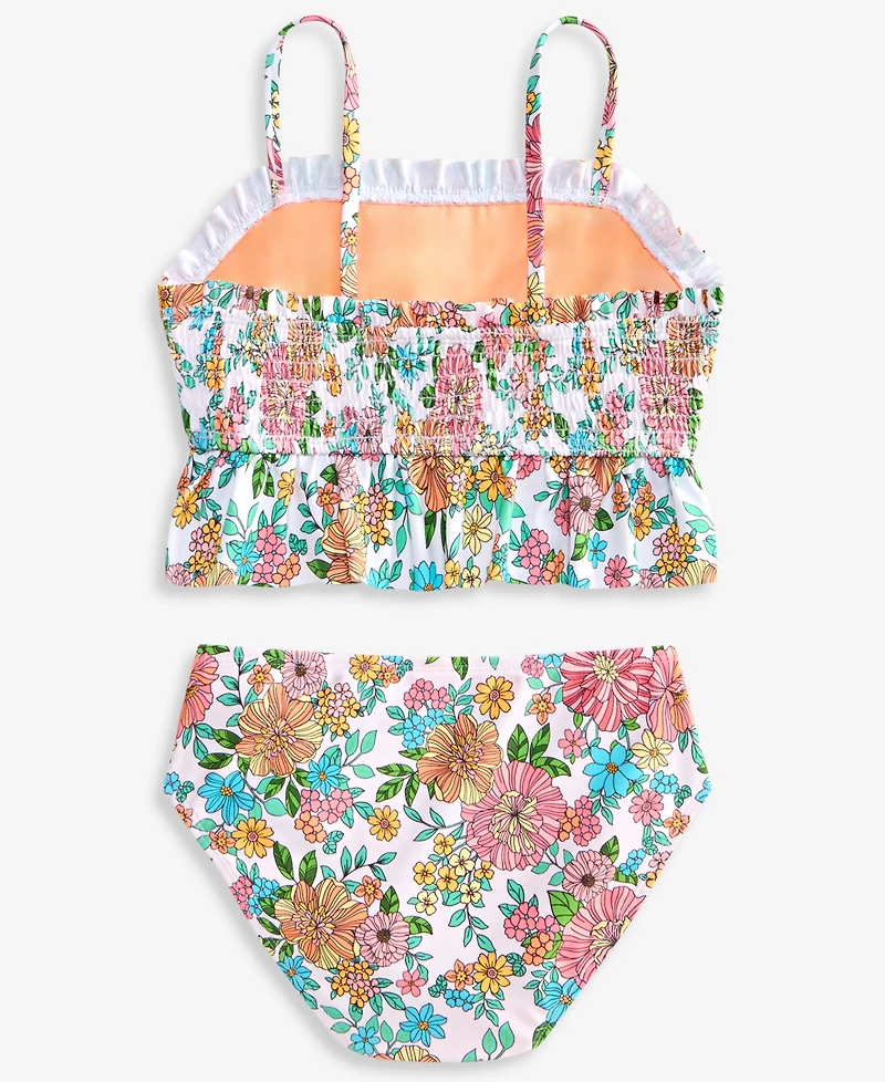 Breaking Waves Girls' 7-16 Floral-Print Smocked Peplum Longline Swimsuit, 2-Piece Set