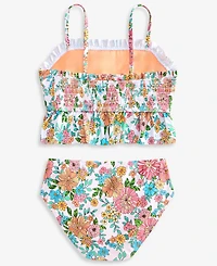 Breaking Waves Girls' 7-16 Floral-Print Smocked Peplum Longline Swimsuit, 2-Piece Set