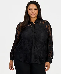 Anne Klein Plus Blossom Lace Button-Down Blouse