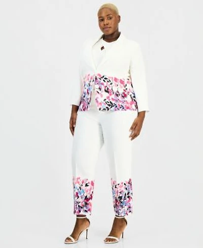 Kasper Plus Size Floral Trim Two Button Jacket Straight Leg Ankle Pants