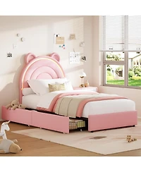 gaomon Princess Twin Bed Frame with 4 Storage Drawers, Led Lights, Velvet Platform, Rainbow Headboard, Solid Wood Slats, No Box Spring, Pink
