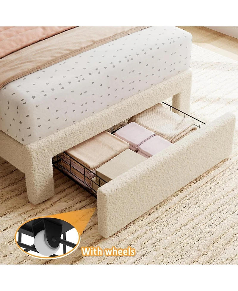 gaomon 2 Sets Twin Bed Frame with Under-Bed Drawer, Upholstered Platform Bed with Wave Headboard for Kids/Girls, Wooden Slats Support