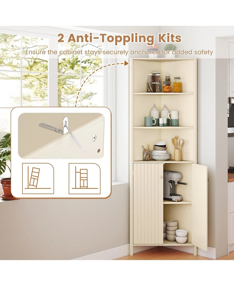 Volenca 68" Tall Corner Bathroom Cabinet with 5 Shelves and 2 Fluted Doors, Space-Saving