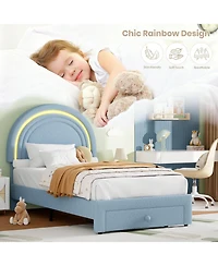 gaomon Twin Led Bed Frame with Storage Drawer, Rainbow Headboard, Fleece Princess Platform for Kids, Wood Slats
