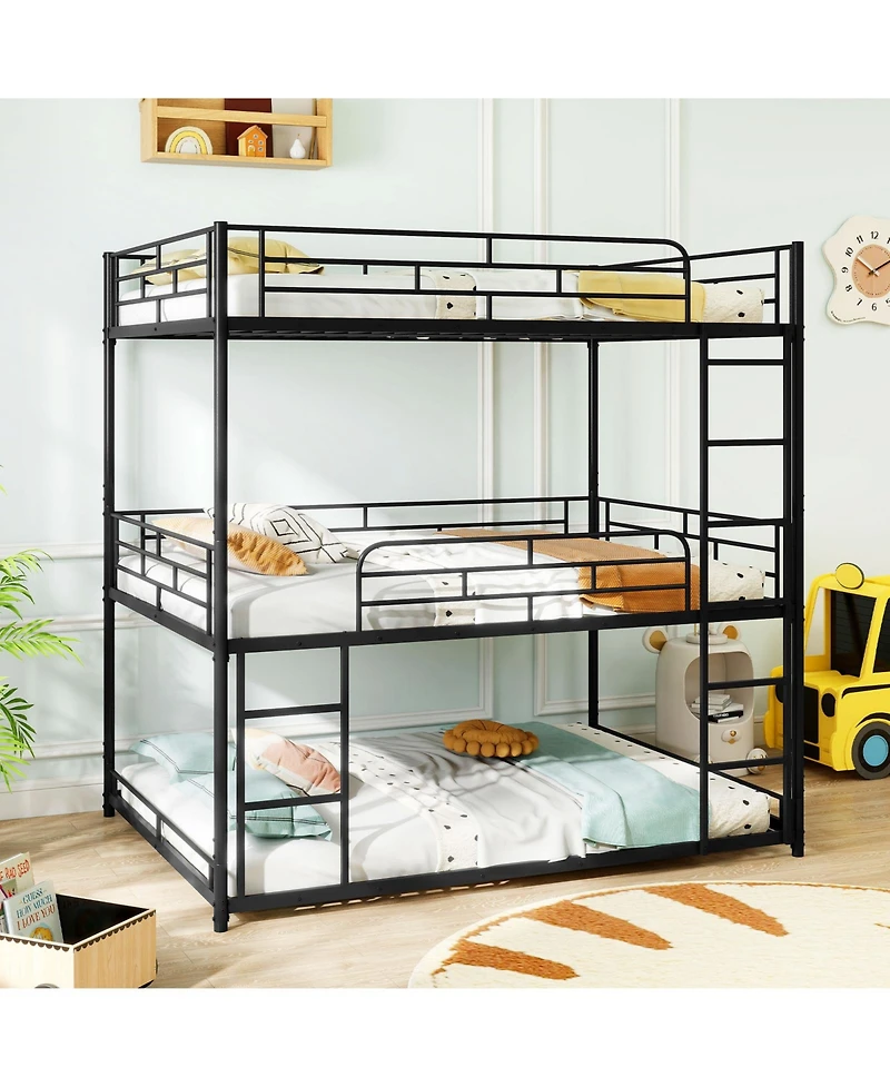 Slickblue Triple Metal Bunk Bed with Dual Ladders and Safety Rails - 56