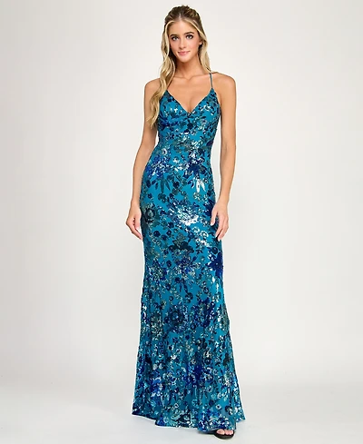 City Studios Juniors' Sequin V-Neck Gown