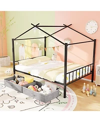 Slickblue Kids Full Metal House Bed with Roof Frame and Fabric Drawers - 56