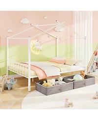 Slickblue Kids Full Metal House Bed with Roof Frame and Fabric Drawers - 56