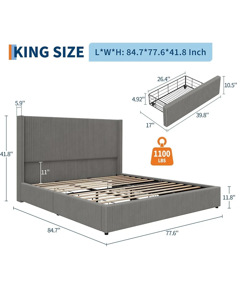 Gaomon King Bed Frame with 4 Storage Drawers, Corduroy Wingback Headboard, Solid Wood Slats, Quiet Platform, Grey