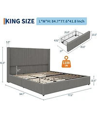 Gaomon King Bed Frame with 4 Storage Drawers, Corduroy Wingback Headboard, Solid Wood Slats, Quiet Platform, Grey