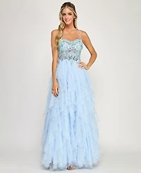 Say Yes Women's Beaded Corset Ruffle V-Neck Ball Gown