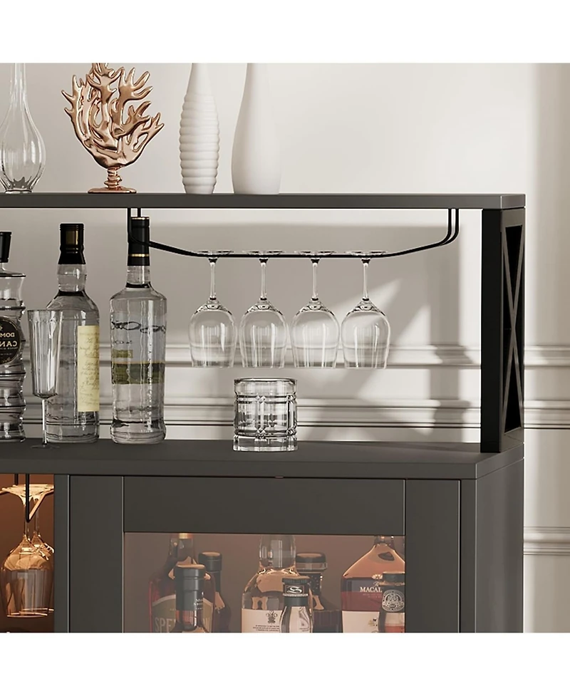 Gaomon Wine Bar Cabinet with Led Lights & Power Outlets, Farmhouse Liquor Rack Glass Holder