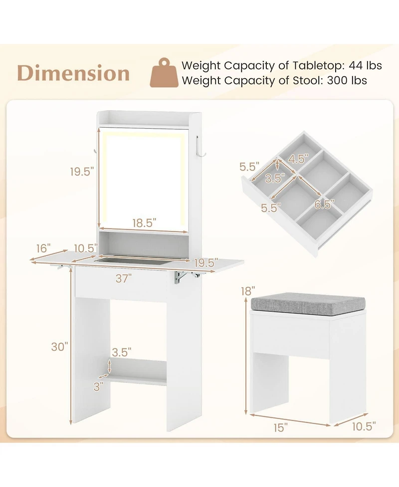 Volenca Space-Saving Vanity Desk with Lighted Mirror and Lights, Bedroom Makeup Table