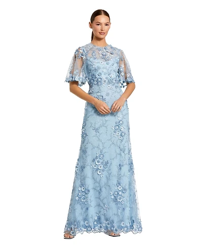 Mac Duggal Women's Flutter Sleeve Floral Emboridered Net Gown
