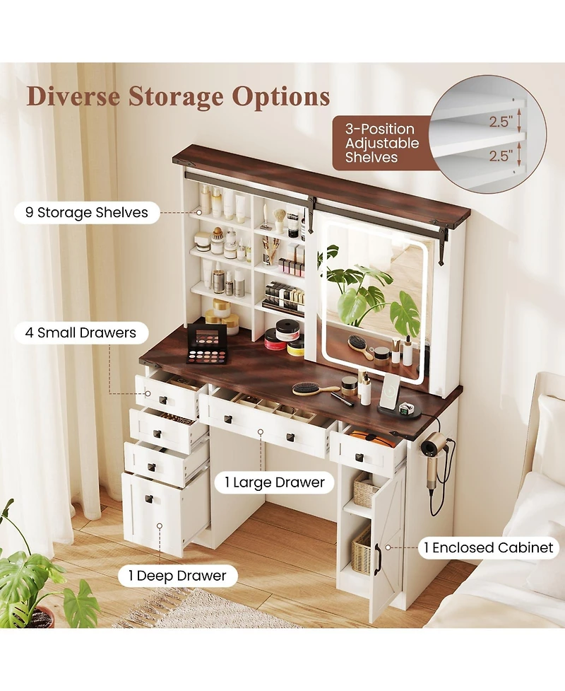 Volenca Farmhouse Vanity Desk with Barn-Style Sliding Mirror and 3 Lighting Modes