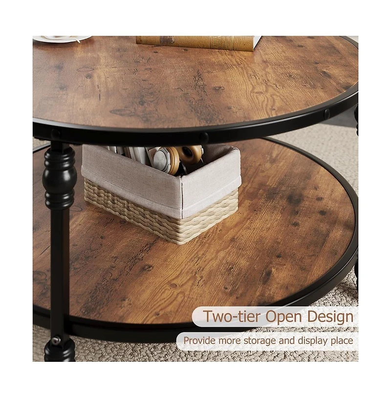 gaomon Round Coffee Table, 31" Coffee Table with Open Storage Shelf, 2-Tier Industrial Circle Wood Center Table for Living Room