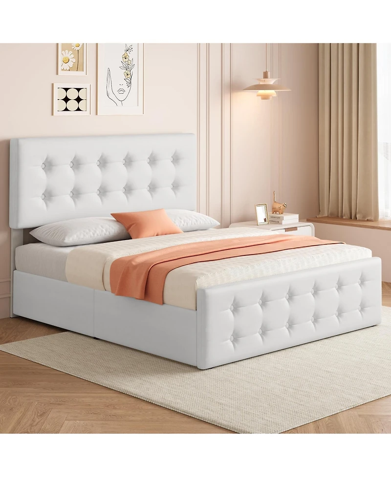 gaomon Full Bed Frame with Headboard & 4 Storage Drawers, Square Stitched Button Tufted Platform