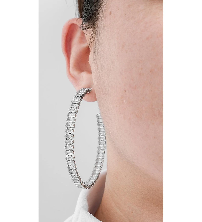 Rivka Friedman Rhodium Rectangle Cubic Zirconia Statement Hoop Earrings