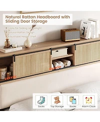 gaomon King Size Rattan Bed Frame with Headboard, Storage Shelves, Boho Solid Wood Platform, Sliding Door Shelf