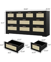 gaomon 10 Drawers Dresser for Bedroom, Rattan Chest of with Spacious Tabletop & Handles, Closet Organizer Tv Stand Living Room,