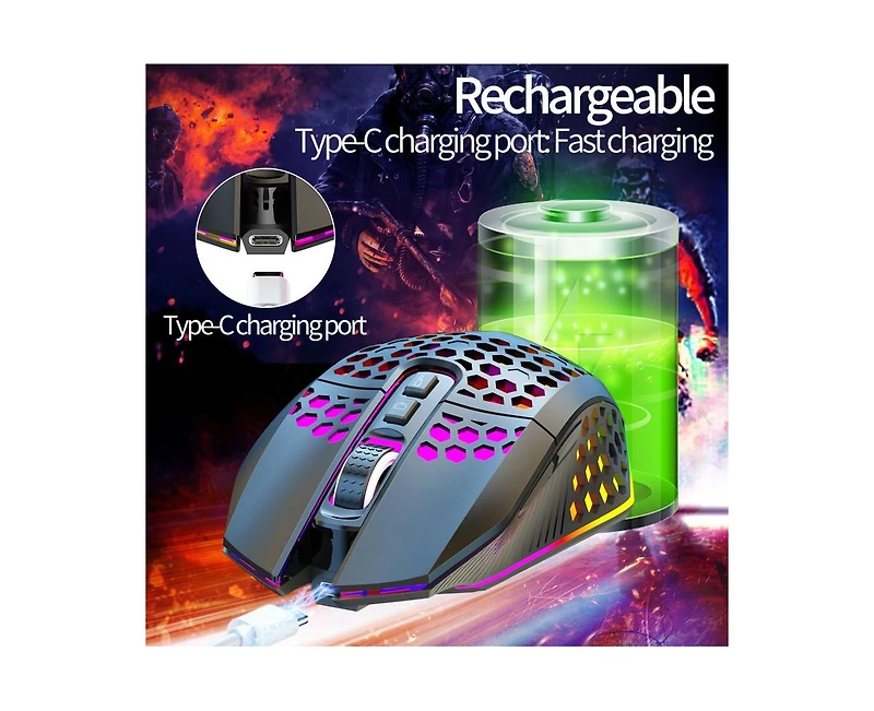 Risokeys 2.4G Wireless Rechargeable Gaming Mouse, Honeycomb Hollow Design, Rgb Backlight, 3-Speed Dpi (800/1200/1600), Silent Click,for Gamers