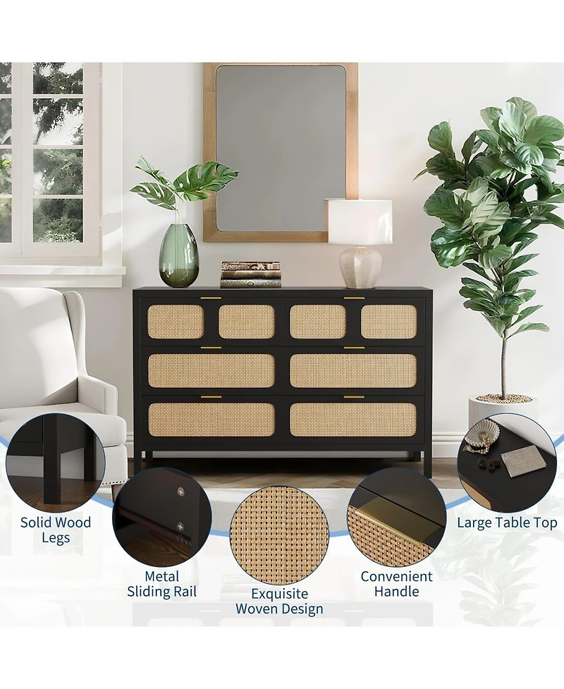 gaomon 6 Drawer Boho Rattan Dresser with Wood Legs and Metal Handles