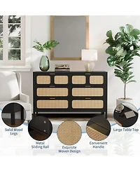 gaomon 6 Drawer Boho Rattan Dresser with Wood Legs and Metal Handles