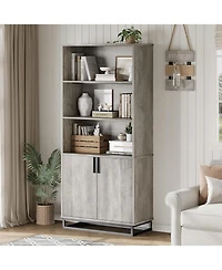 gaomon Tall Bookshelf w/Doors & Metal Base, 5-Tier Bookcase with Cabinet and Adjustable Shelf, Wooden Book Shelf Farmhouse Bookcase for Living Room