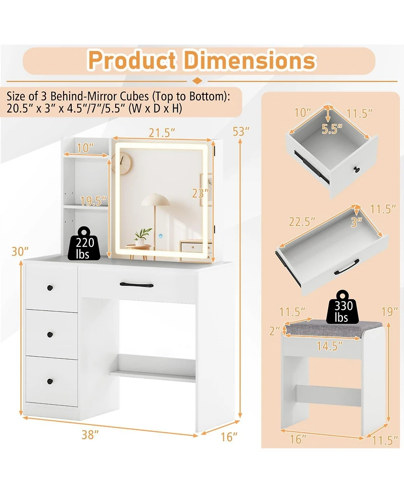 Volenca Vanity Desk and Chair Set with Sliding Lighted Mirror and 4 Drawers, Makeup Table