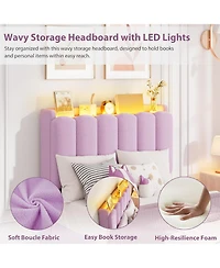 gaomon Boucle Upholstered Platform Bed with Wavy Headboard, Storage Bookcase, 2 Drawers